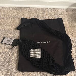 Authentic Saint Laurent Black Braided Waist Belt with Crystal Square Buckle